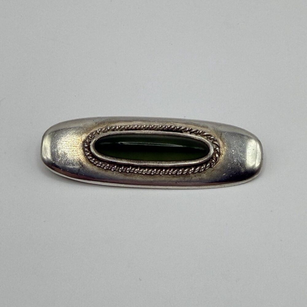 Vintage Sterling Silver Green Jade Oval Barrette Hair Clip 2" 8.2g